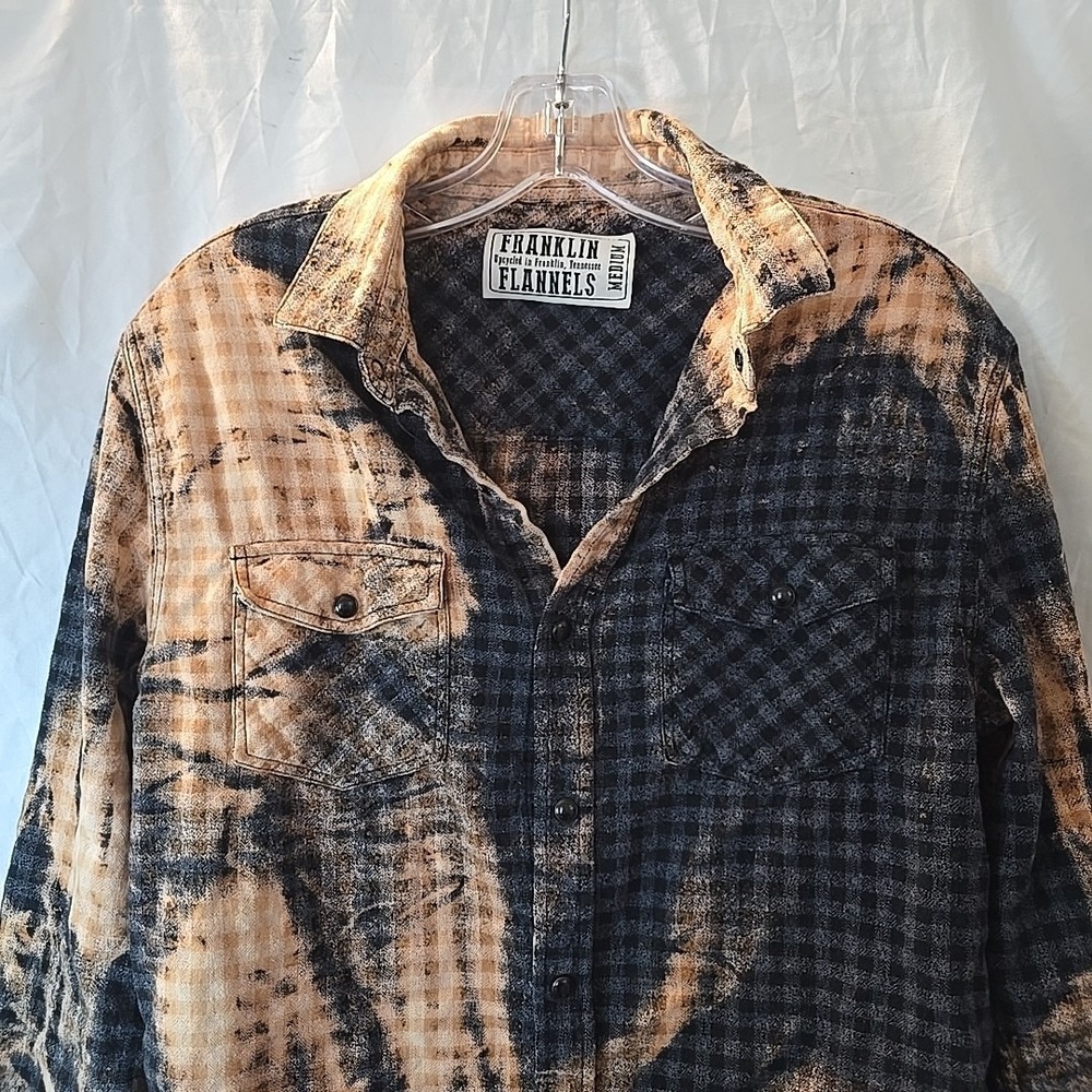 Franklin Flannels Shirt MensM Black Orange Abstract Upcycled Pearl Snap Tie Dye - Picture 3 of 13